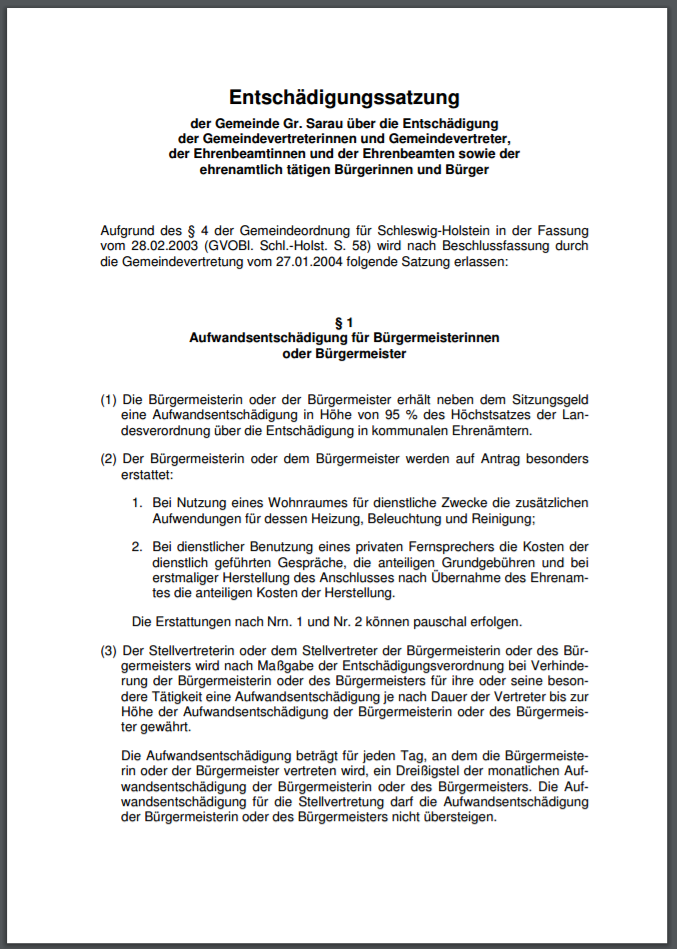 Entschädigungssatzung der Gemeinde Groß Sarau